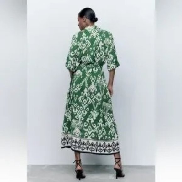 Zara Belted Printed Green Short Sleeves Button Front Midi Shirt Dress Size S - Picture 5 of 10